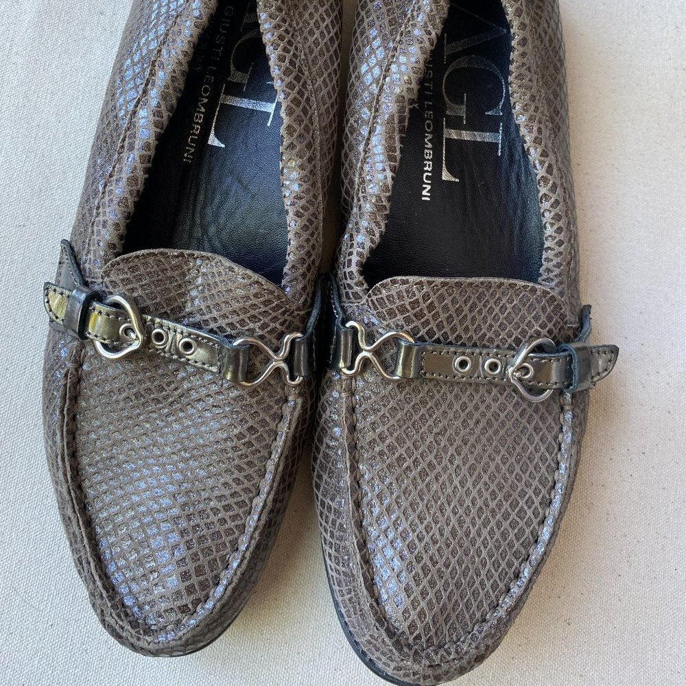 AGL New Without Box Brown and Bronze Snakeskin Loafers with Buckle, Size 37
